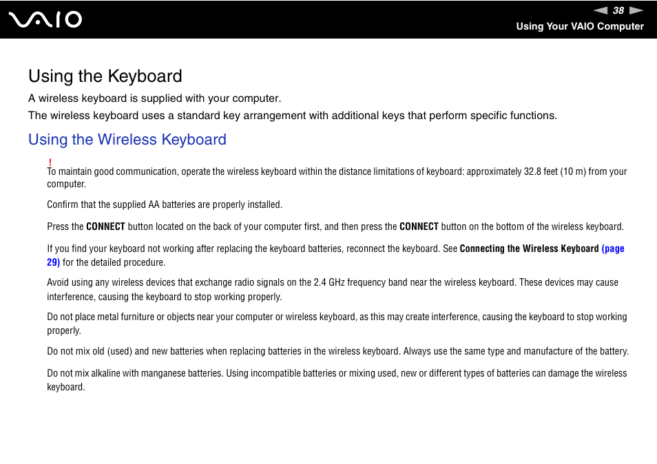 Using the keyboard, Using the wireless keyboard | Sony VAIO VGC-LV200 User Manual | Page 38 / 206