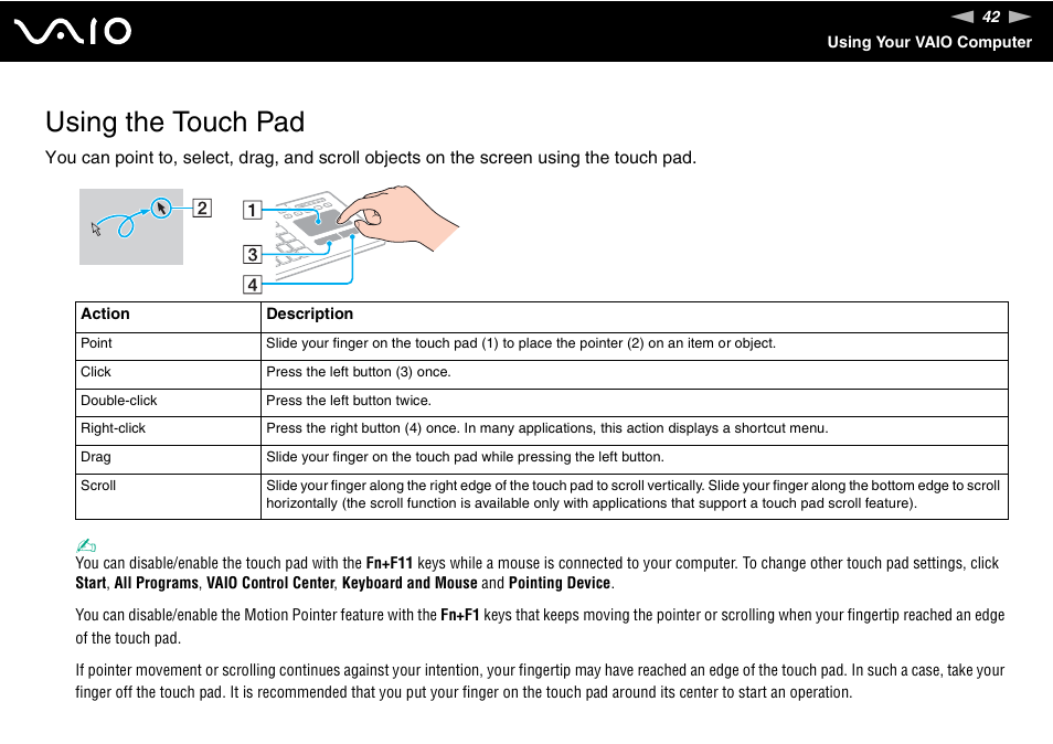 Using the touch pad | Sony VAIO VGC-LV200 User Manual | Page 42 / 206