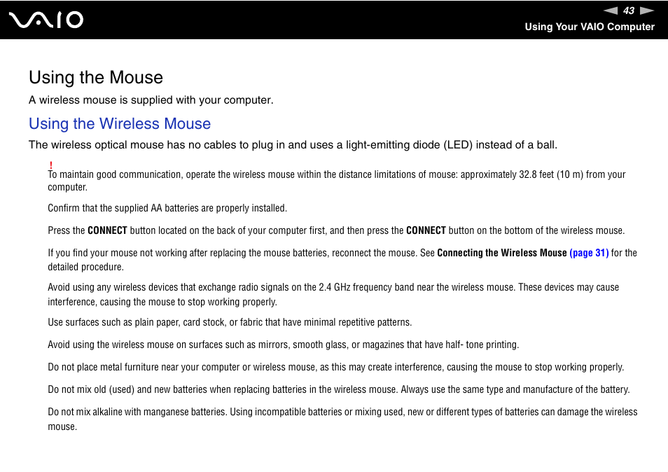 Using the mouse, Using the wireless mouse | Sony VAIO VGC-LV200 User Manual | Page 43 / 206