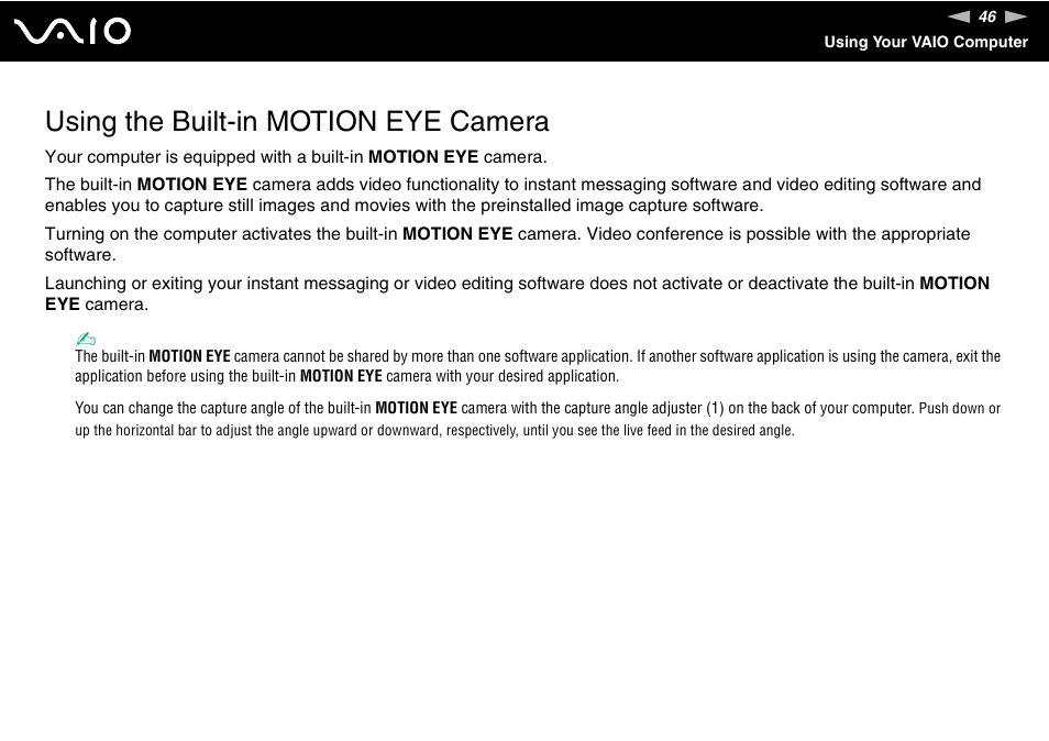 Using the built-in motion eye camera | Sony VAIO VGC-LV200 User Manual | Page 46 / 206