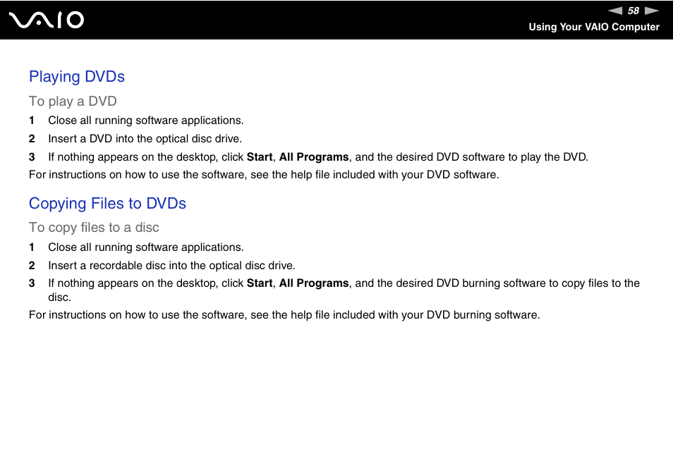 Playing dvds, Copying files to dvds | Sony VAIO VGC-LV200 User Manual | Page 58 / 206