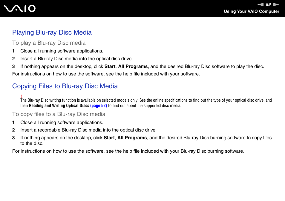 Playing blu-ray disc media, Copying files to blu-ray disc media | Sony VAIO VGC-LV200 User Manual | Page 59 / 206