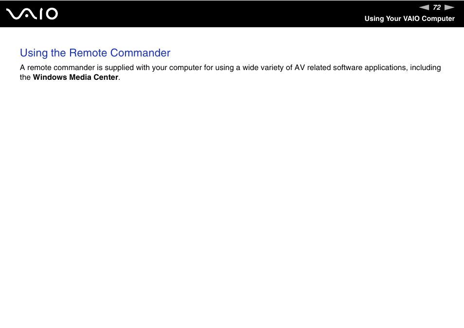 Using the remote commander | Sony VAIO VGC-LV200 User Manual | Page 72 / 206