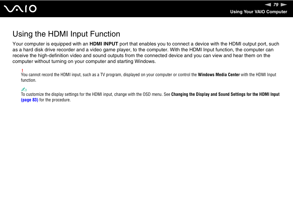 Using the hdmi input function | Sony VAIO VGC-LV200 User Manual | Page 79 / 206