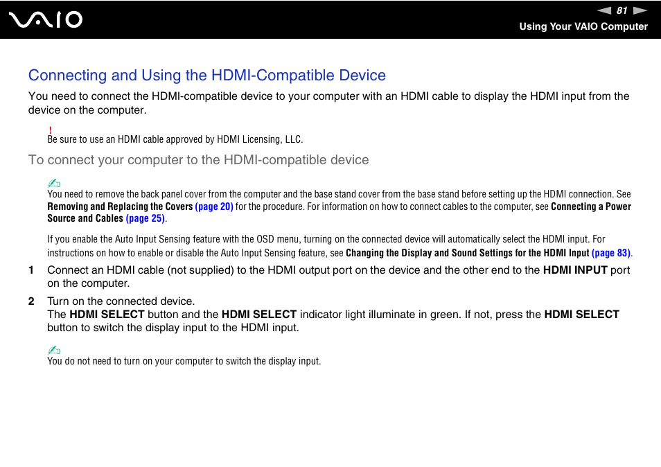 Connecting and using the hdmi-compatible device | Sony VAIO VGC-LV200 User Manual | Page 81 / 206