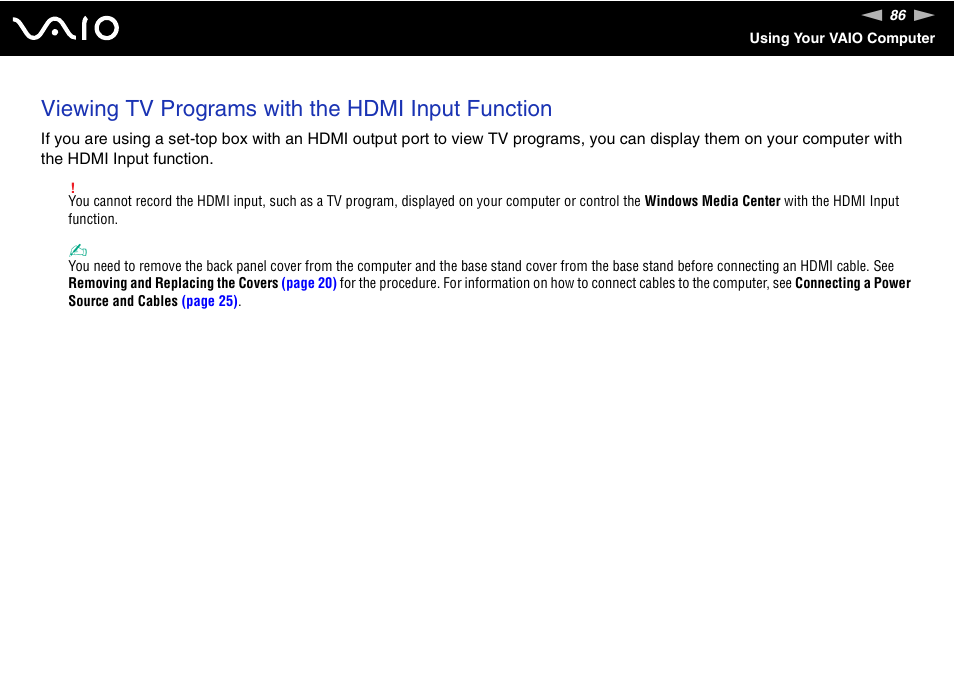 Viewing tv programs with the hdmi input function | Sony VAIO VGC-LV200 User Manual | Page 86 / 206