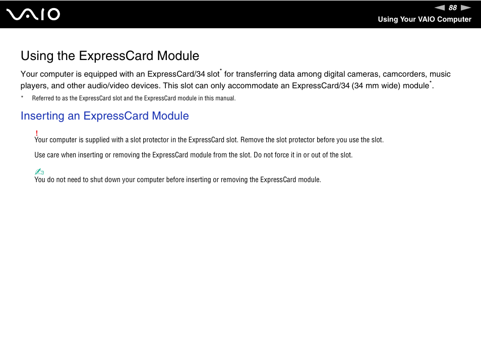 Using the expresscard module, Inserting an expresscard module | Sony VAIO VGC-LV200 User Manual | Page 88 / 206