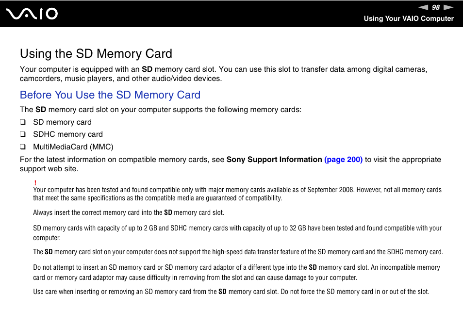 Using the sd memory card | Sony VAIO VGC-LV200 User Manual | Page 98 / 206