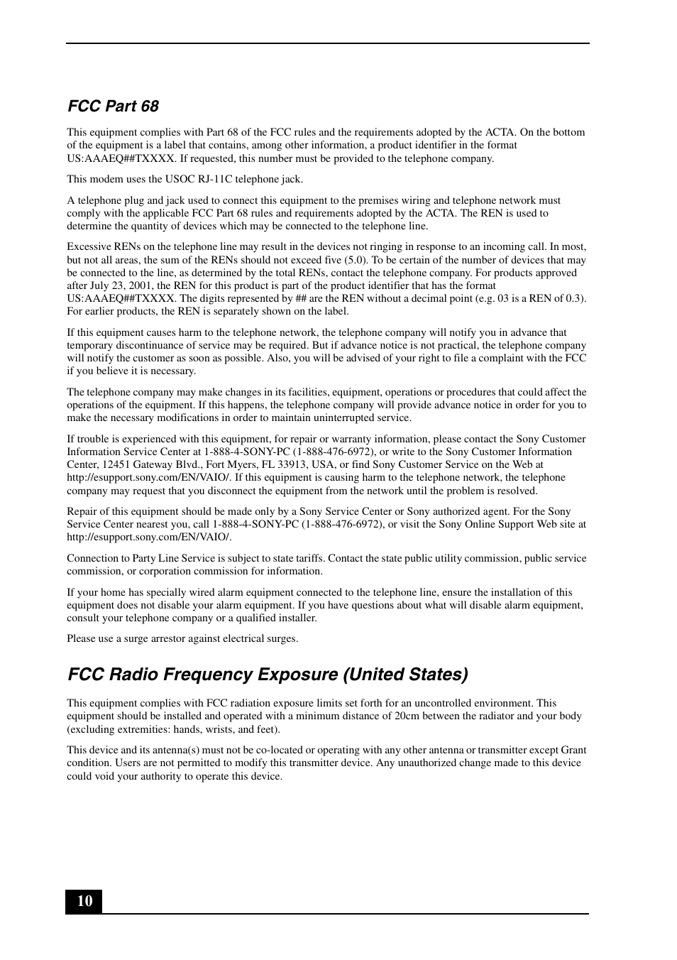 Fcc radio frequency exposure (united states), 10 fcc part 68 | Sony VGN-FE600 Series User Manual | Page 10 / 20