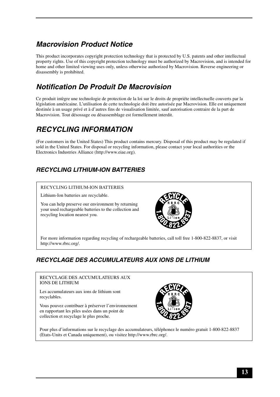 Macrovision product notice, Notification de produit de macrovision, Recycling information | Sony VGN-FE600 Series User Manual | Page 13 / 20