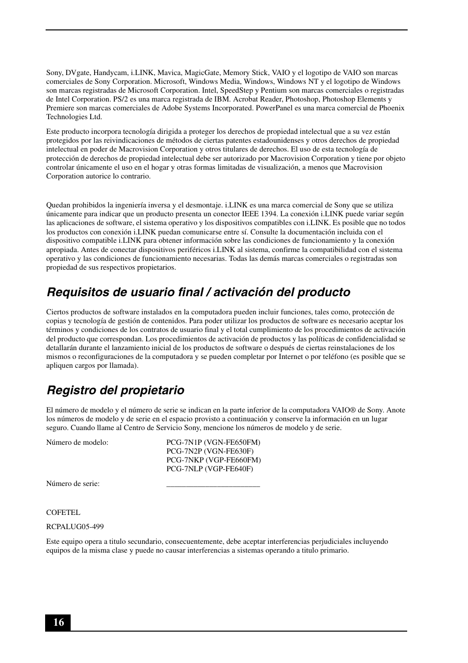 Registro del propietario | Sony VGN-FE600 Series User Manual | Page 16 / 20