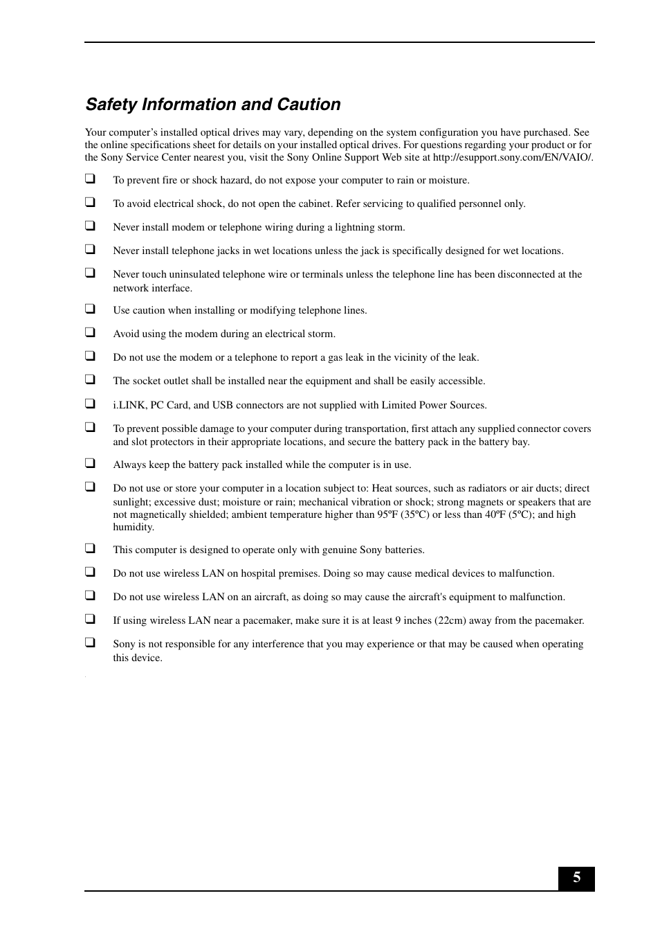 Safety information and caution | Sony VGN-FE600 Series User Manual | Page 5 / 20