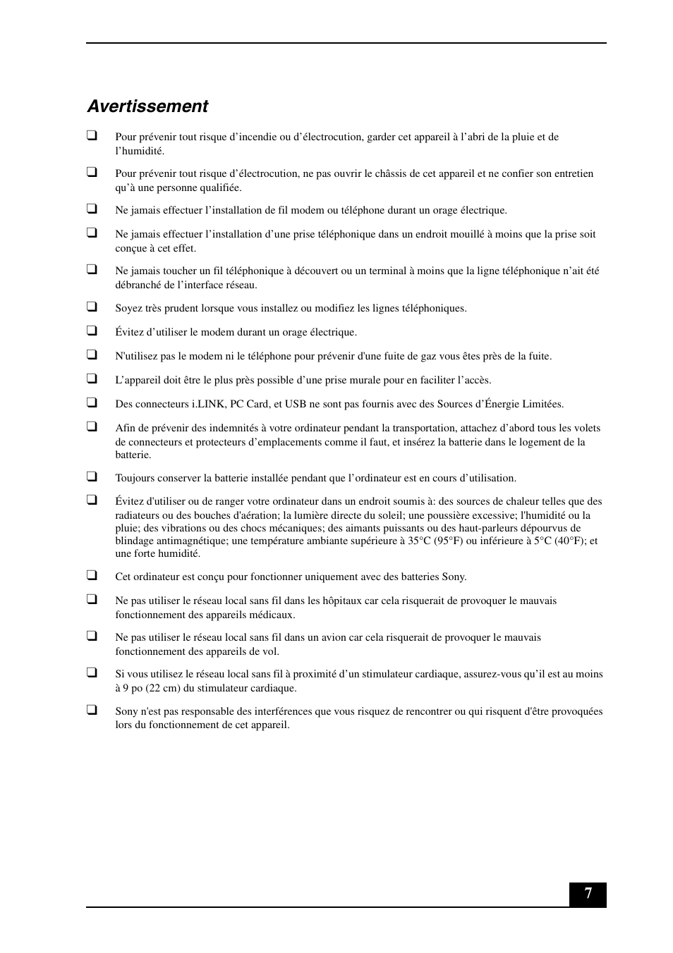 Avertissement | Sony VGN-FE600 Series User Manual | Page 7 / 20