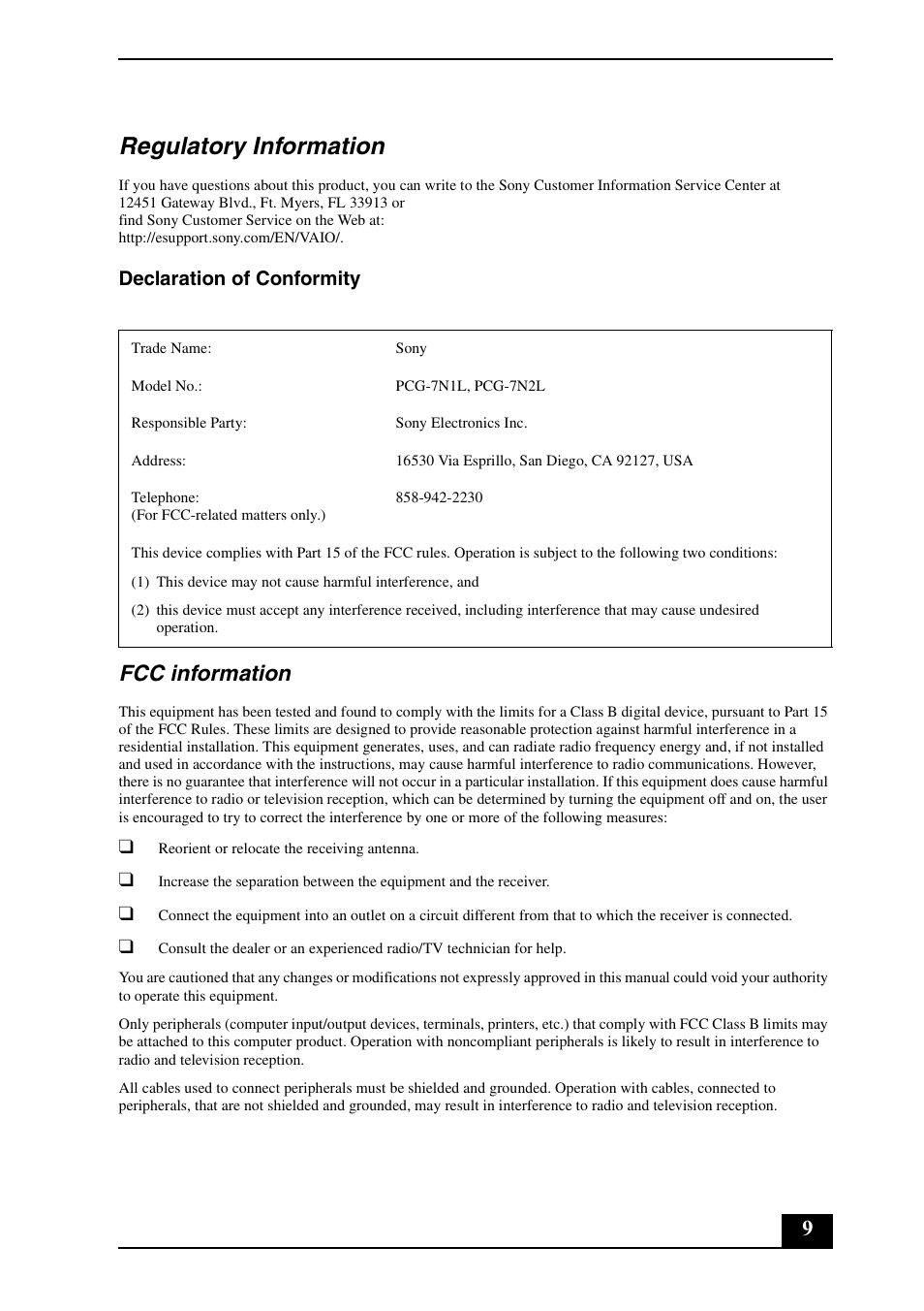 Regulatory information, Fcc information, Declaration of conformity | Sony VGN-FE600 Series User Manual | Page 9 / 20