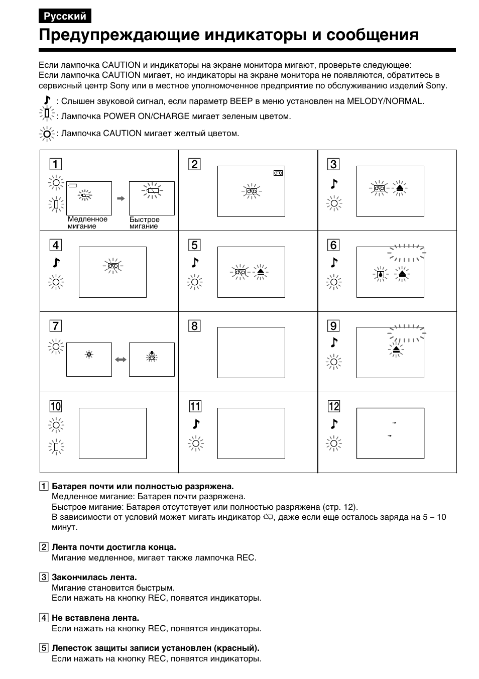 Пpeдyпpeждaющиe индикaтоpы и cообщeния | Sony GV-D200E User Manual | Page 92 / 112