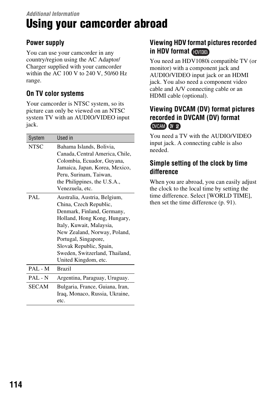 Additional information, Using your camcorder abroad | Sony 3-280-847-11(1) User Manual | Page 114 / 143