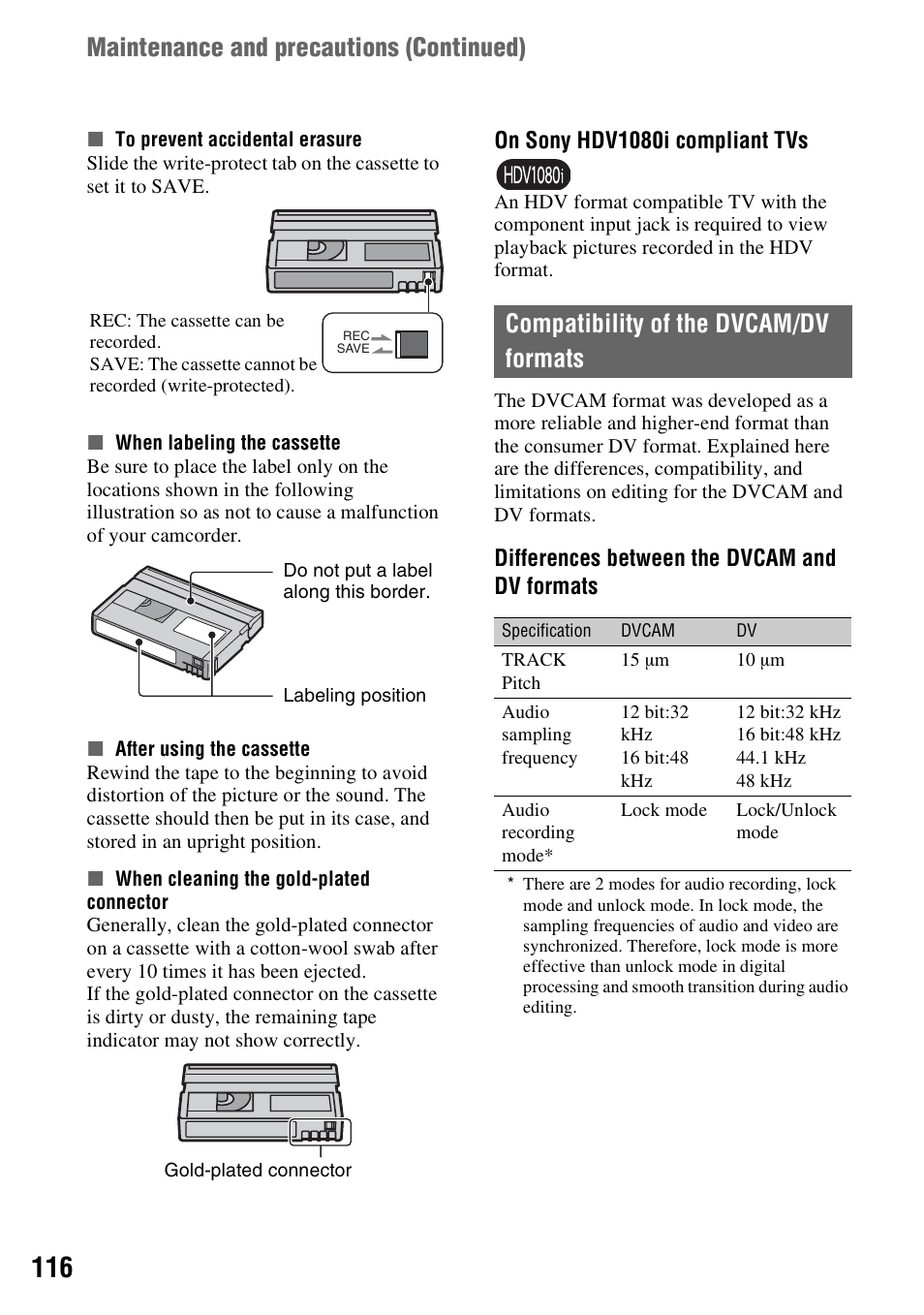 Compatibility of the dvcam/dv formats, Compatibility of the d, Maintenance and precautions (continued) | Sony 3-280-847-11(1) User Manual | Page 116 / 143