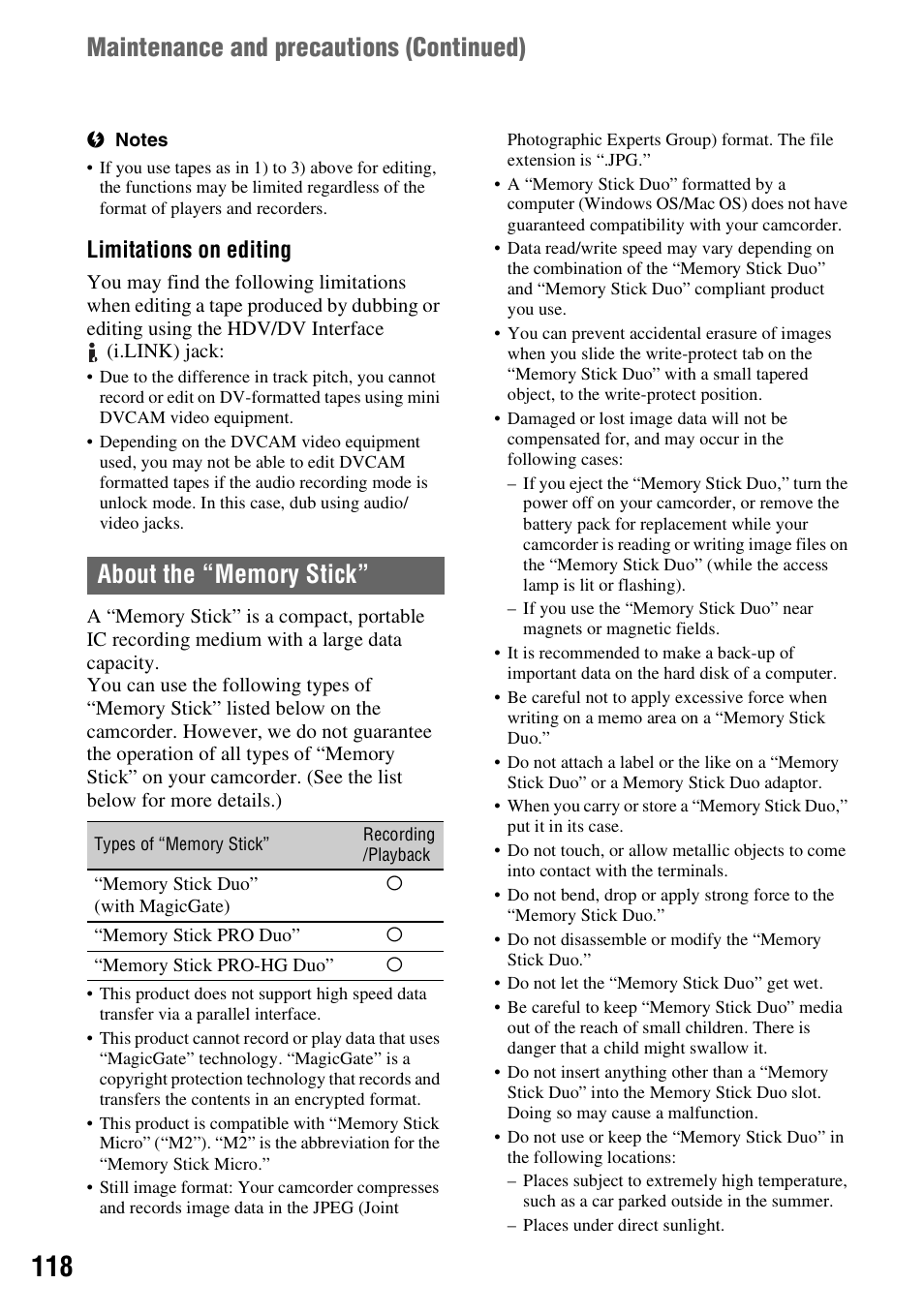 About the “memory stick, About the “m, And 118 | P. 118) or the, P. 118), Maintenance and precautions (continued), Limitations on editing | Sony 3-280-847-11(1) User Manual | Page 118 / 143
