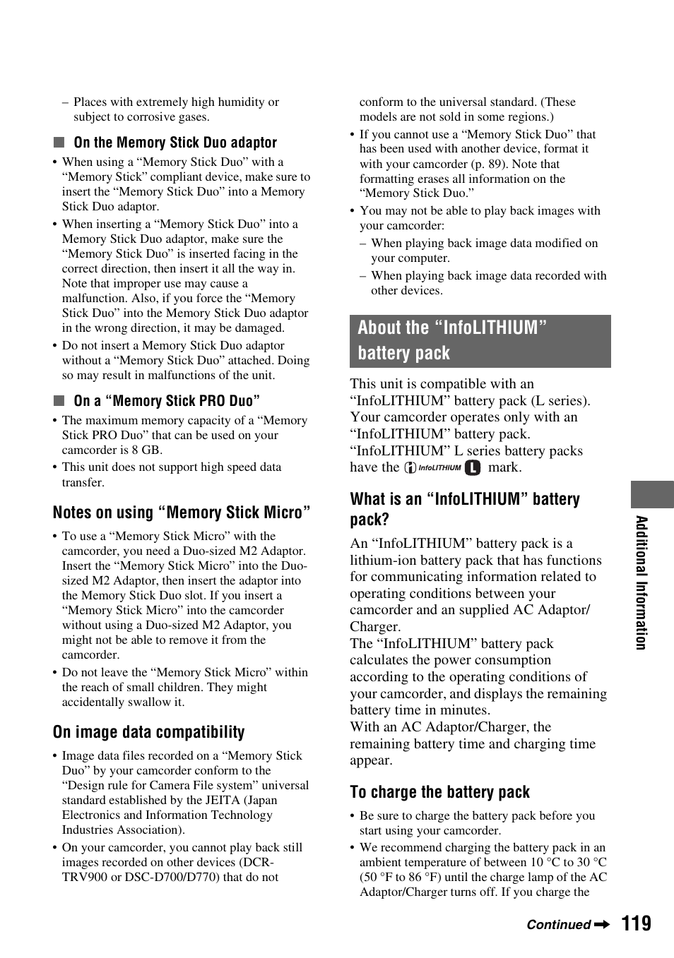 About the “infolithium” battery pack, P. 119, P. 119) | On image data compatibility, What is an “infolithium” battery pack | Sony 3-280-847-11(1) User Manual | Page 119 / 143