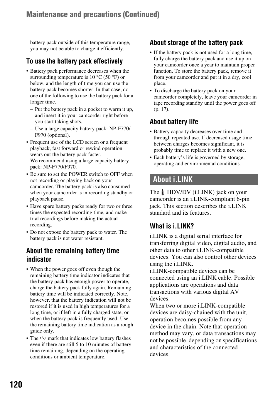 About i.link, About i, About the remaining battery time indicator | About storage of the battery pack, About battery life, What is i.link | Sony 3-280-847-11(1) User Manual | Page 120 / 143