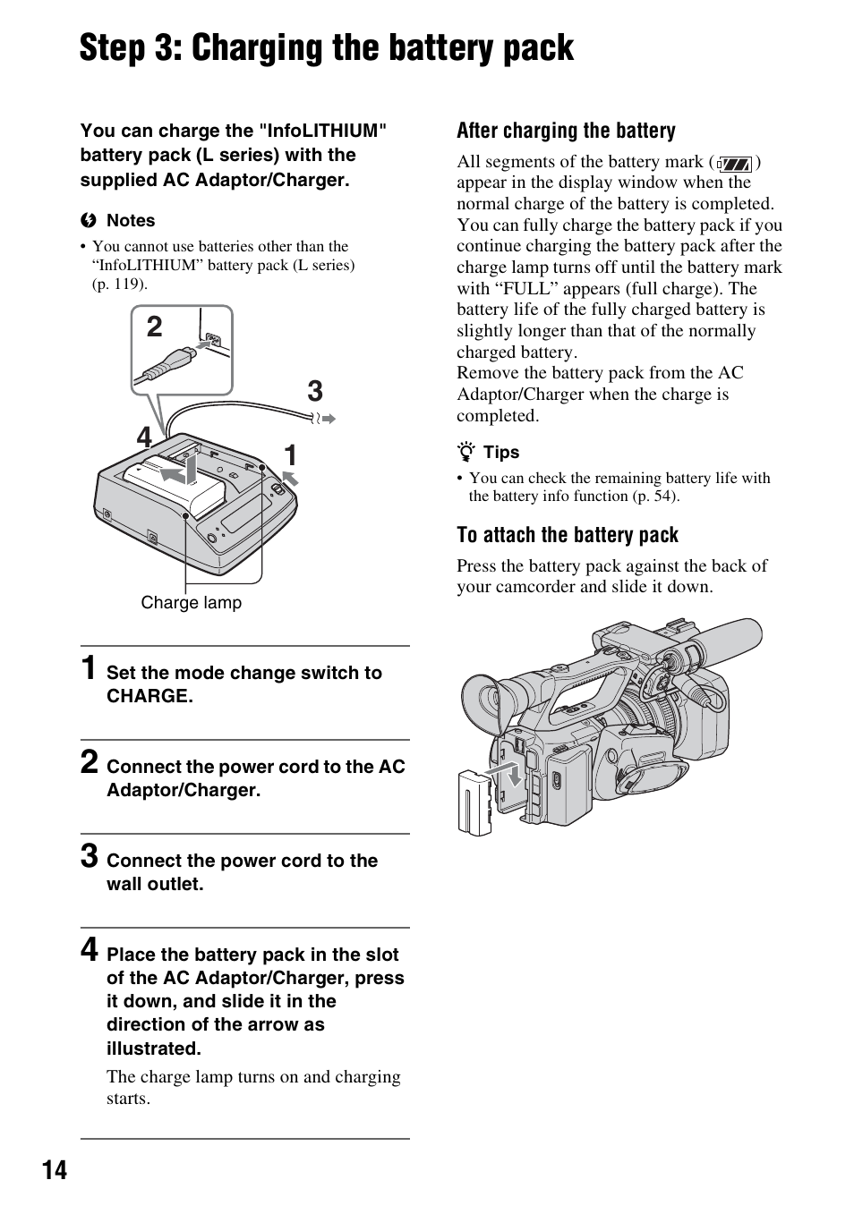 Step 3: charging the battery pack, P. 14, P. 14) | Sony 3-280-847-11(1) User Manual | Page 14 / 143