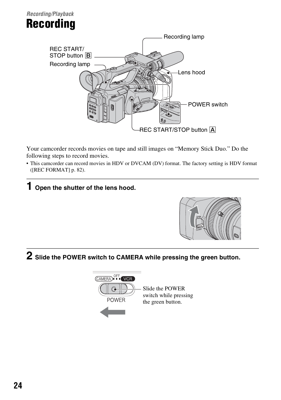 Recording/playback, Recording | Sony 3-280-847-11(1) User Manual | Page 24 / 143