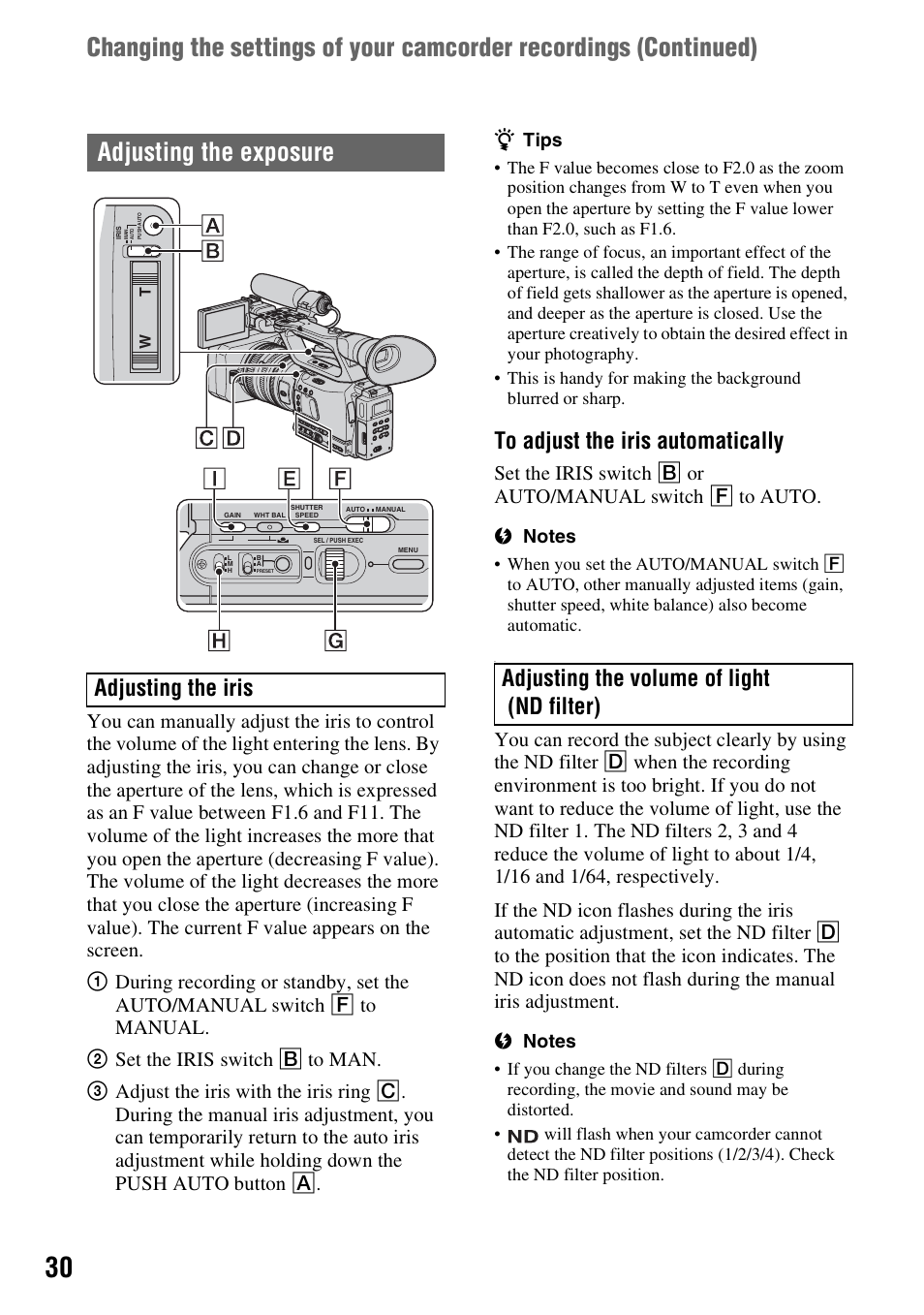 Adjusting the exposure, Adjusting the iris, Adjusting the volume of light (nd filter) | Ztips | Sony 3-280-847-11(1) User Manual | Page 30 / 143