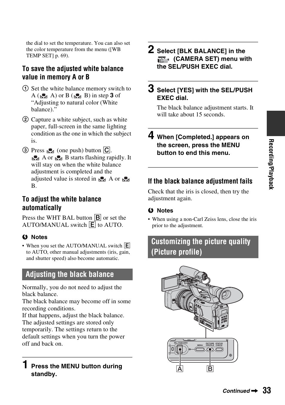 Adjusting the black balance, Customizing the picture quality (picture profile) | Sony 3-280-847-11(1) User Manual | Page 33 / 143