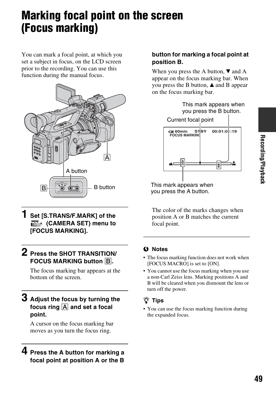 Marking focal point on the screen (focus marking) | Sony 3-280-847-11(1) User Manual | Page 49 / 143