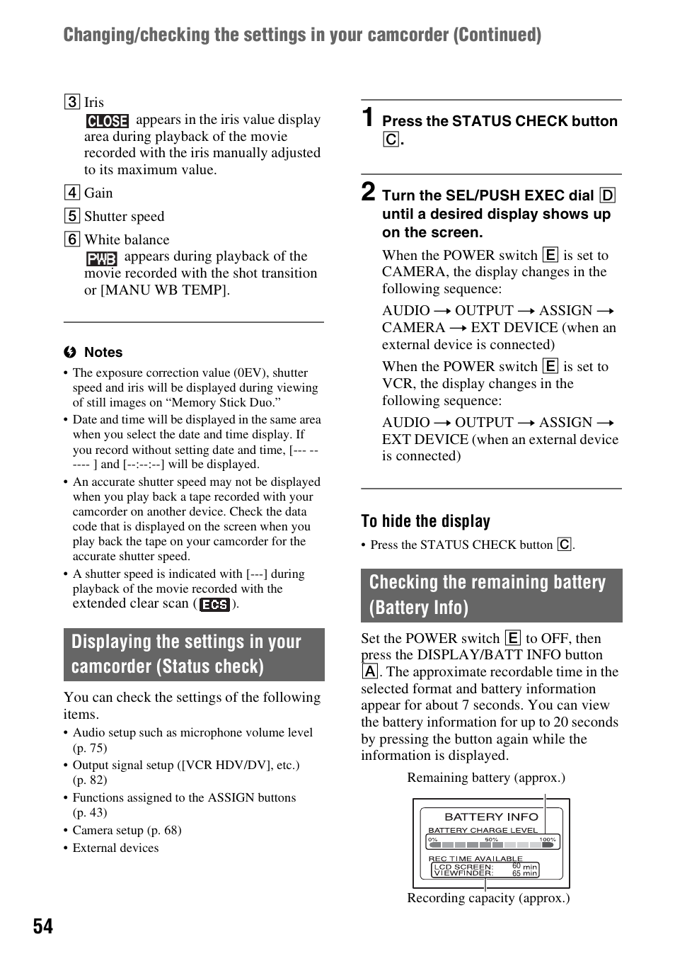 Checking the remaining battery (battery info) | Sony 3-280-847-11(1) User Manual | Page 54 / 143