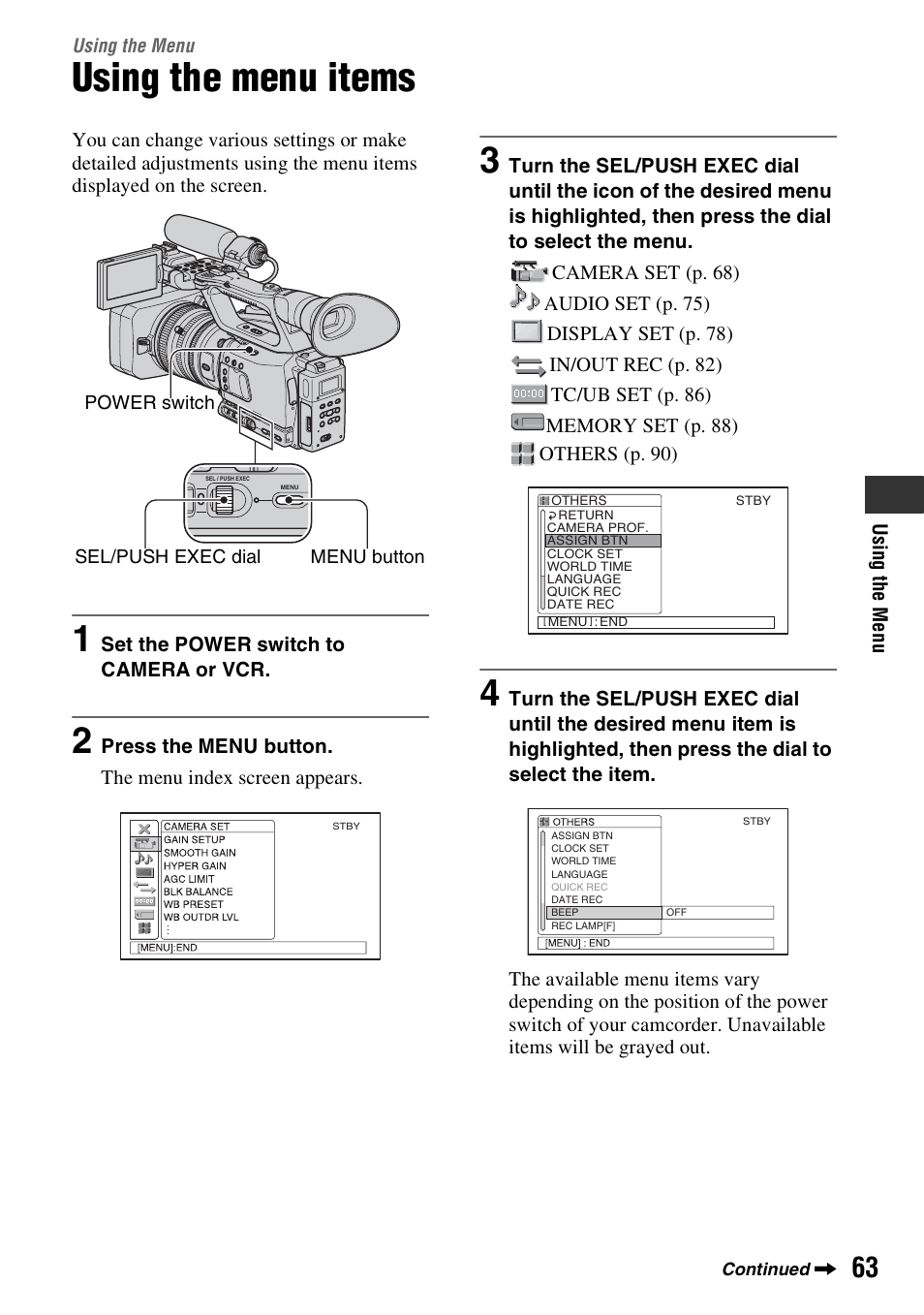 Using the menu, Using the menu items | Sony 3-280-847-11(1) User Manual | Page 63 / 143