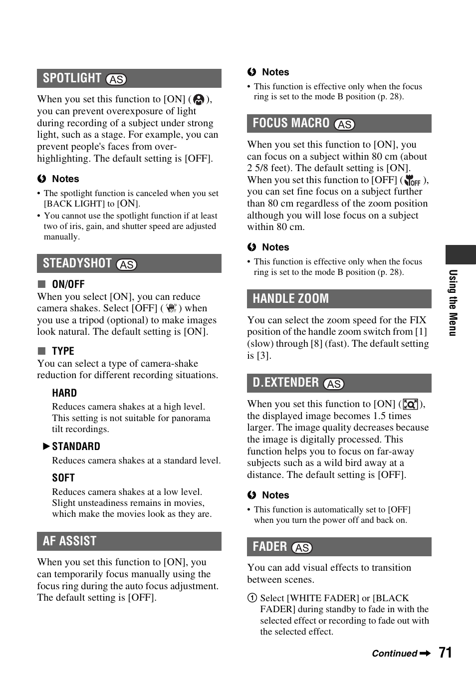 Af assist | Sony 3-280-847-11(1) User Manual | Page 71 / 143