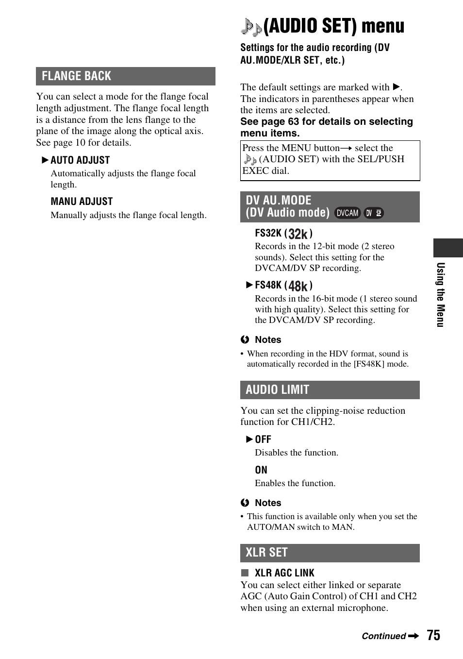 Audio set) menu, Audio set, Settings for the audio recording (dv a | P. 75), Audio set (p. 75), Flange back, Audio limit, Xlr set, Dv au.mode (dv audio mode) audio limit xlr set | Sony 3-280-847-11(1) User Manual | Page 75 / 143