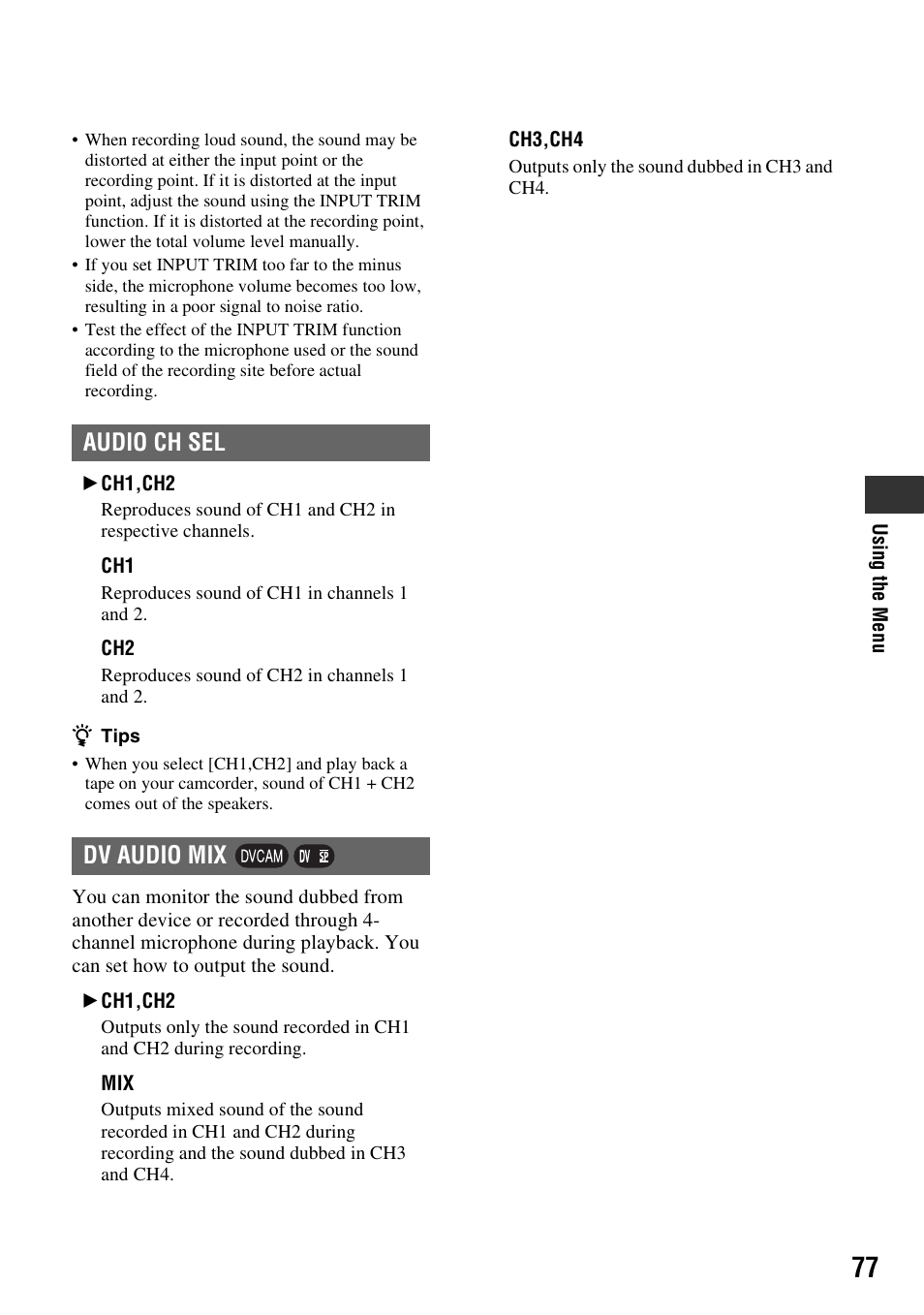Audio ch sel, Audio ch sel dv audio mix | Sony 3-280-847-11(1) User Manual | Page 77 / 143