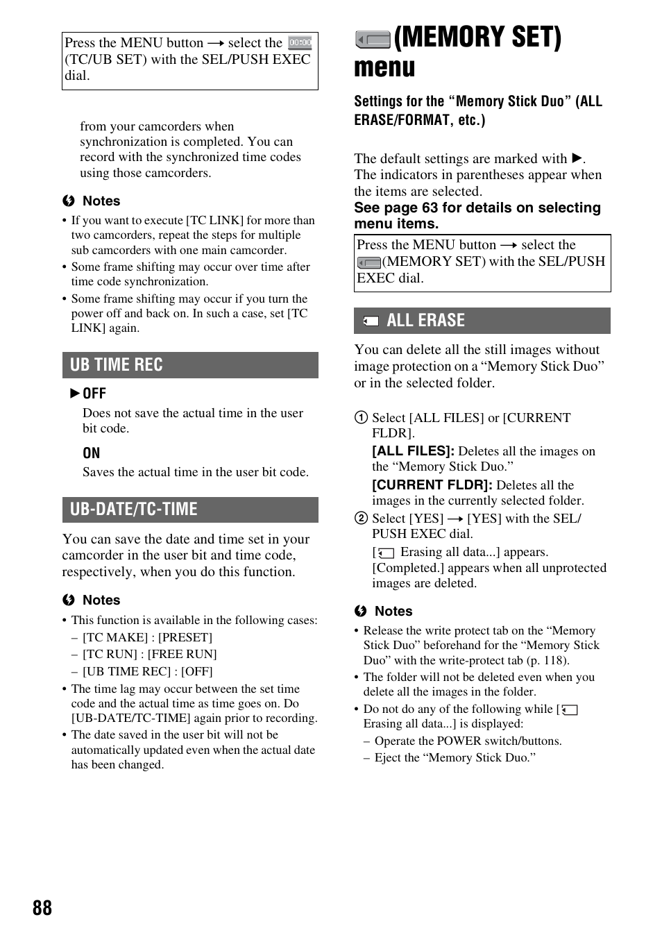 Memory set) menu, Memory se, Settings for the “m | Nu (p. 88), P. 88), Ub time rec, Ub-date/tc-time, All erase, Ub time rec ub-date/tc-time | Sony 3-280-847-11(1) User Manual | Page 88 / 143