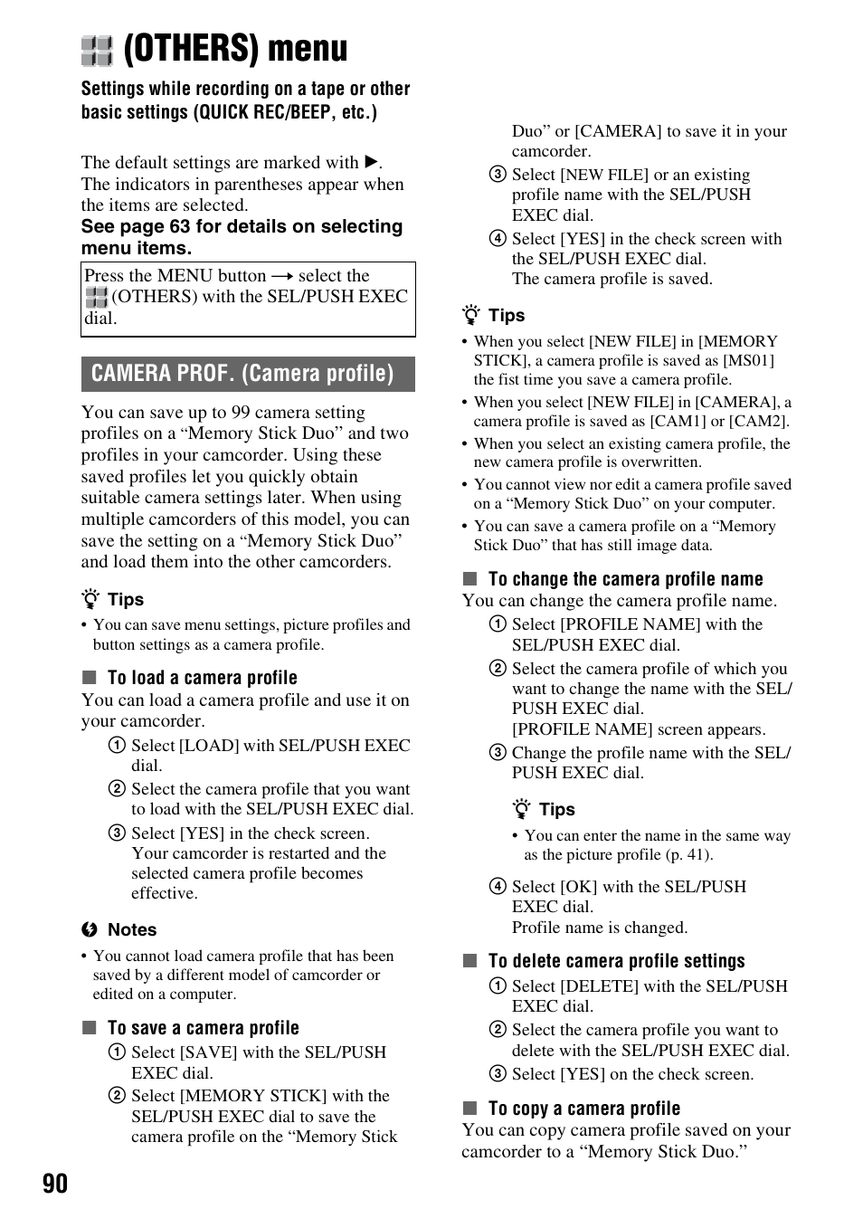 Others) menu, P. 90), Camera prof. (camera profile) | Sony 3-280-847-11(1) User Manual | Page 90 / 143