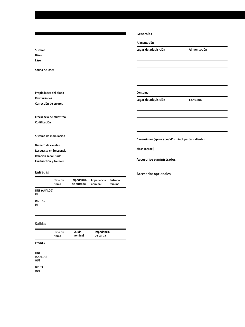 Especificaciones, Información adicional | Sony MINIDISC DECK MDS-S38 User Manual | Page 106 / 112