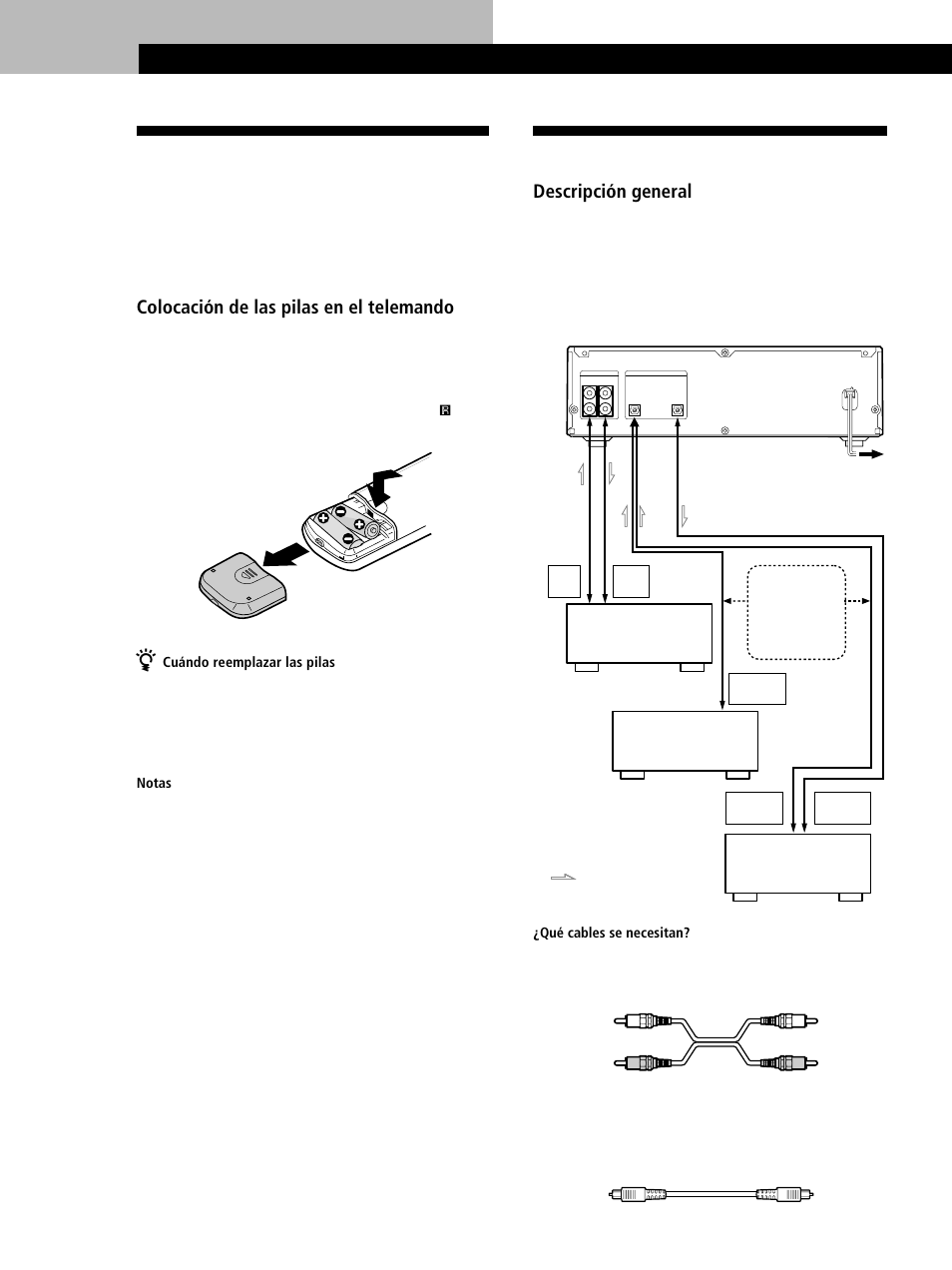 Desembalaje, Conexión de un sistema, Preparativos 4 | Preparativos, Colocación de las pilas en el telemando, Descripción general | Sony MINIDISC DECK MDS-S38 User Manual | Page 76 / 112