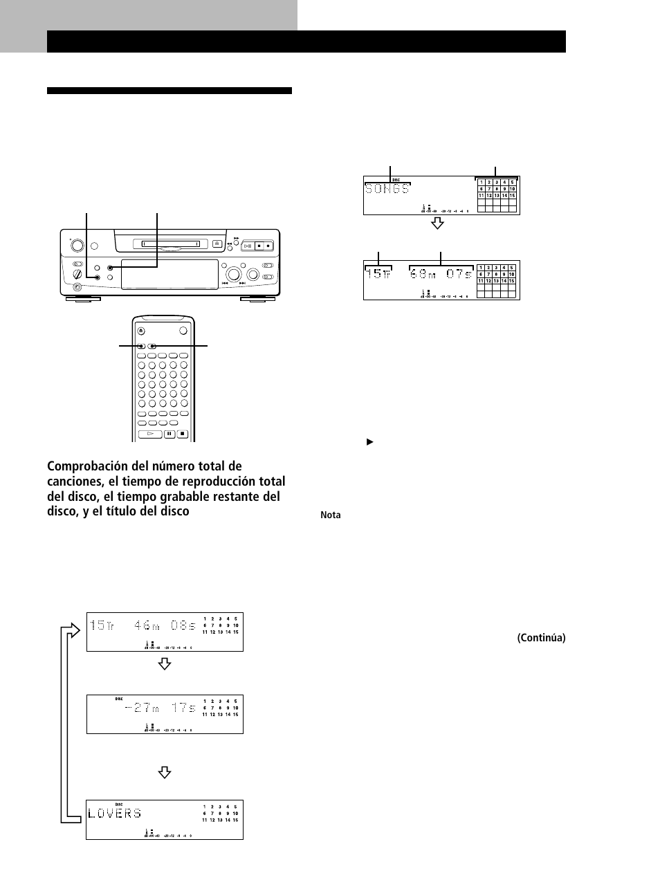 Utilización del visualizador, Reproducción de minidiscos, Continúa) | Sony MINIDISC DECK MDS-S38 User Manual | Page 89 / 112