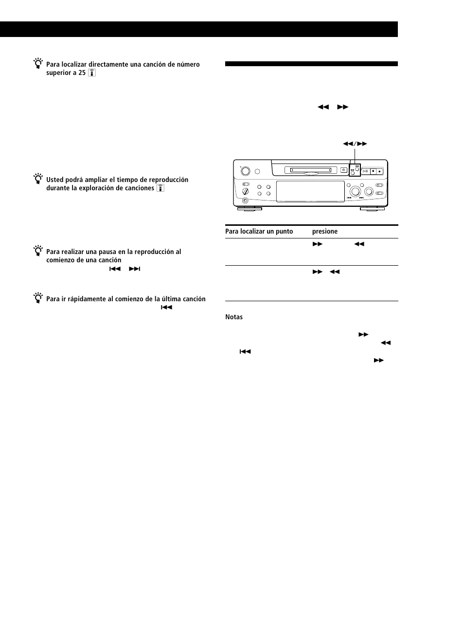 Localización de un punto particular de una canción, Reproducción de minidiscos, Presione | Para localizar un punto | Sony MINIDISC DECK MDS-S38 User Manual | Page 91 / 112