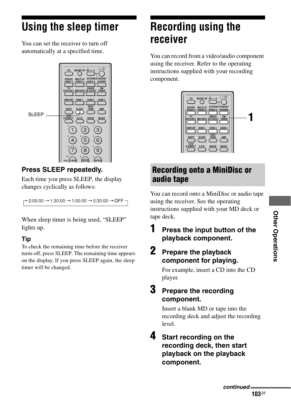 Using the sleep timer, Recording using the receiver, Using the sleep timer recording using the receiver | Recording onto a minidisc or audio tape | Sony STR-DG2100 User Manual | Page 103 / 134