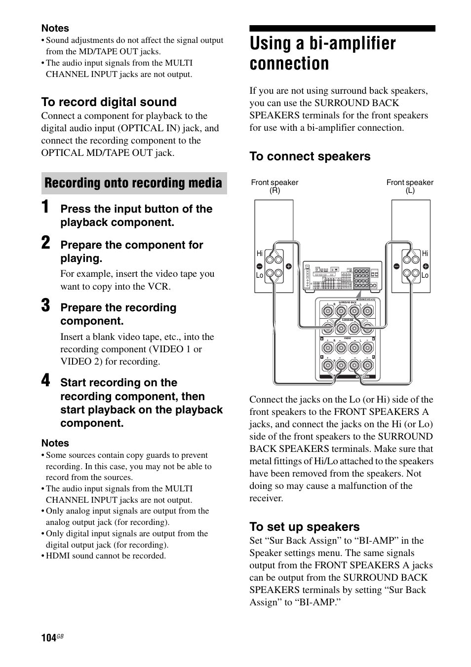 Using a bi-amplifier connection, Recording onto recording media | Sony STR-DG2100 User Manual | Page 104 / 134