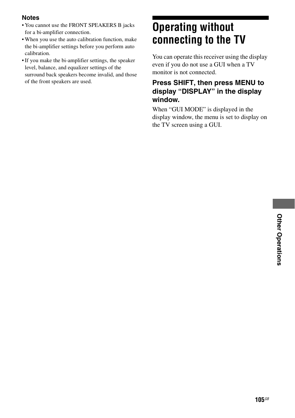 Operating without connecting to the tv, Operating without connecting to the | Sony STR-DG2100 User Manual | Page 105 / 134