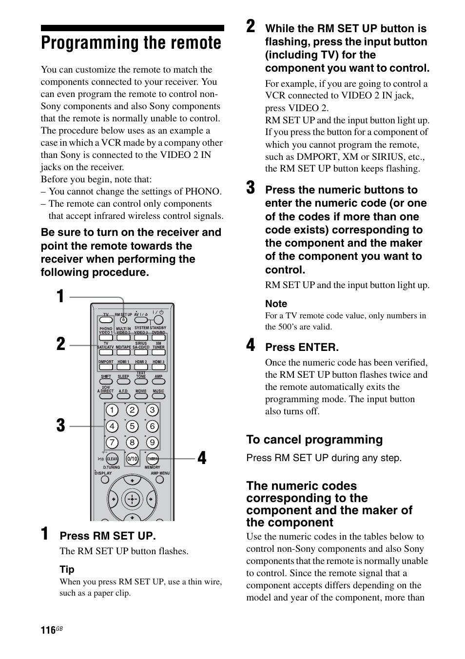 Programming the remote | Sony STR-DG2100 User Manual | Page 116 / 134