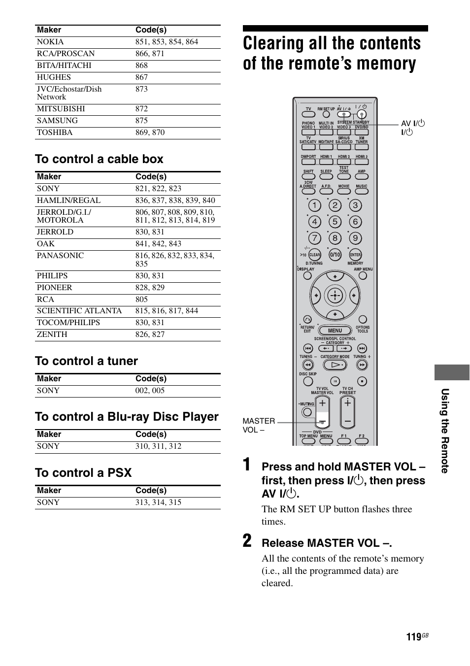 Clearing all the contents of the remote’s memory, Clearing all the contents of the remote’s, Memory | Release master vol | Sony STR-DG2100 User Manual | Page 119 / 134