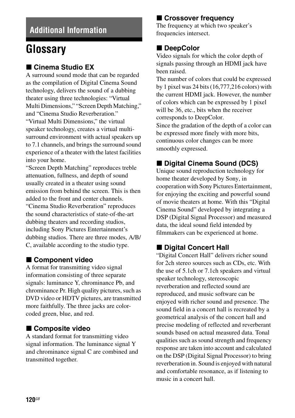 Additional information, Glossary | Sony STR-DG2100 User Manual | Page 120 / 134