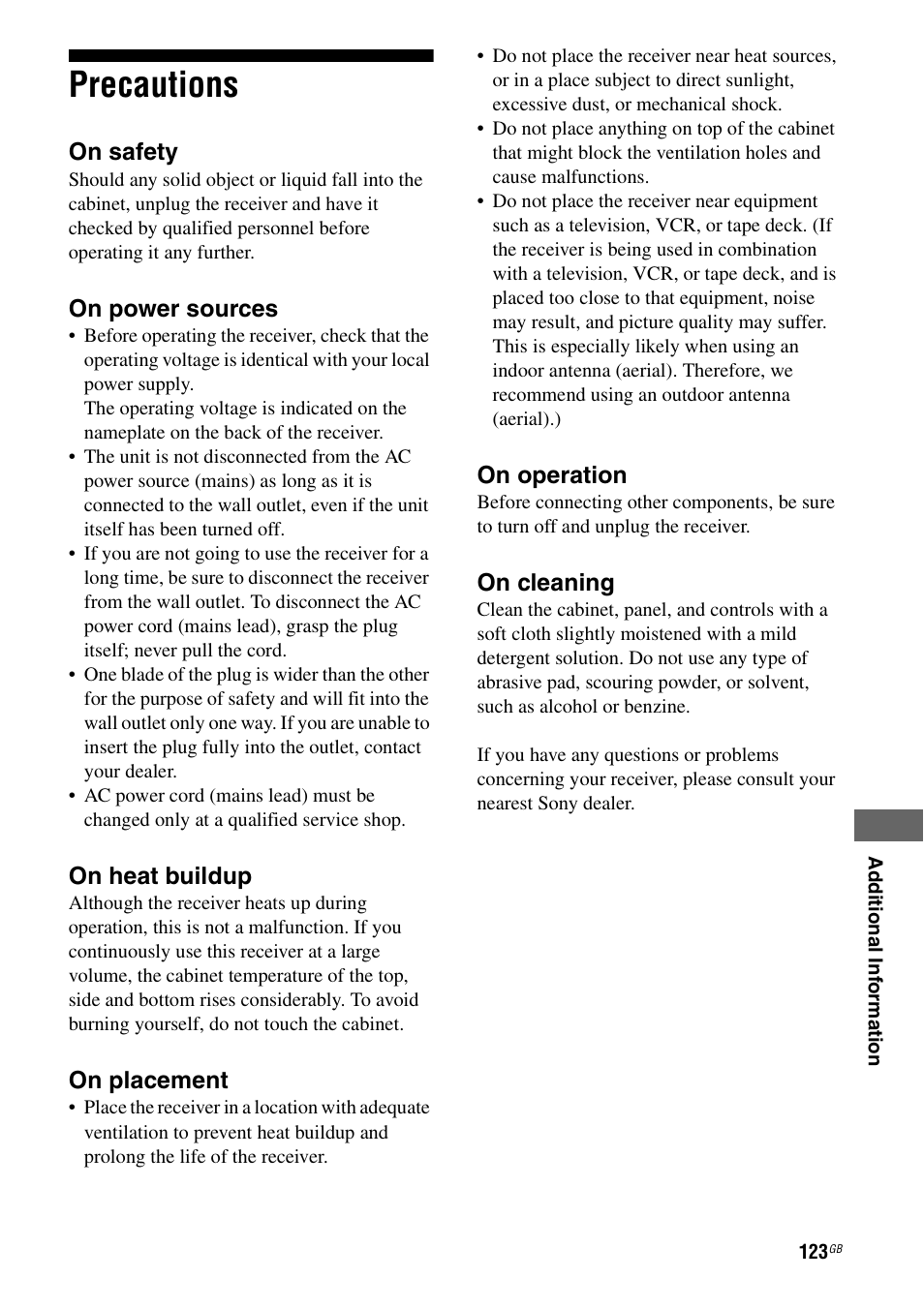 Precautions | Sony STR-DG2100 User Manual | Page 123 / 134