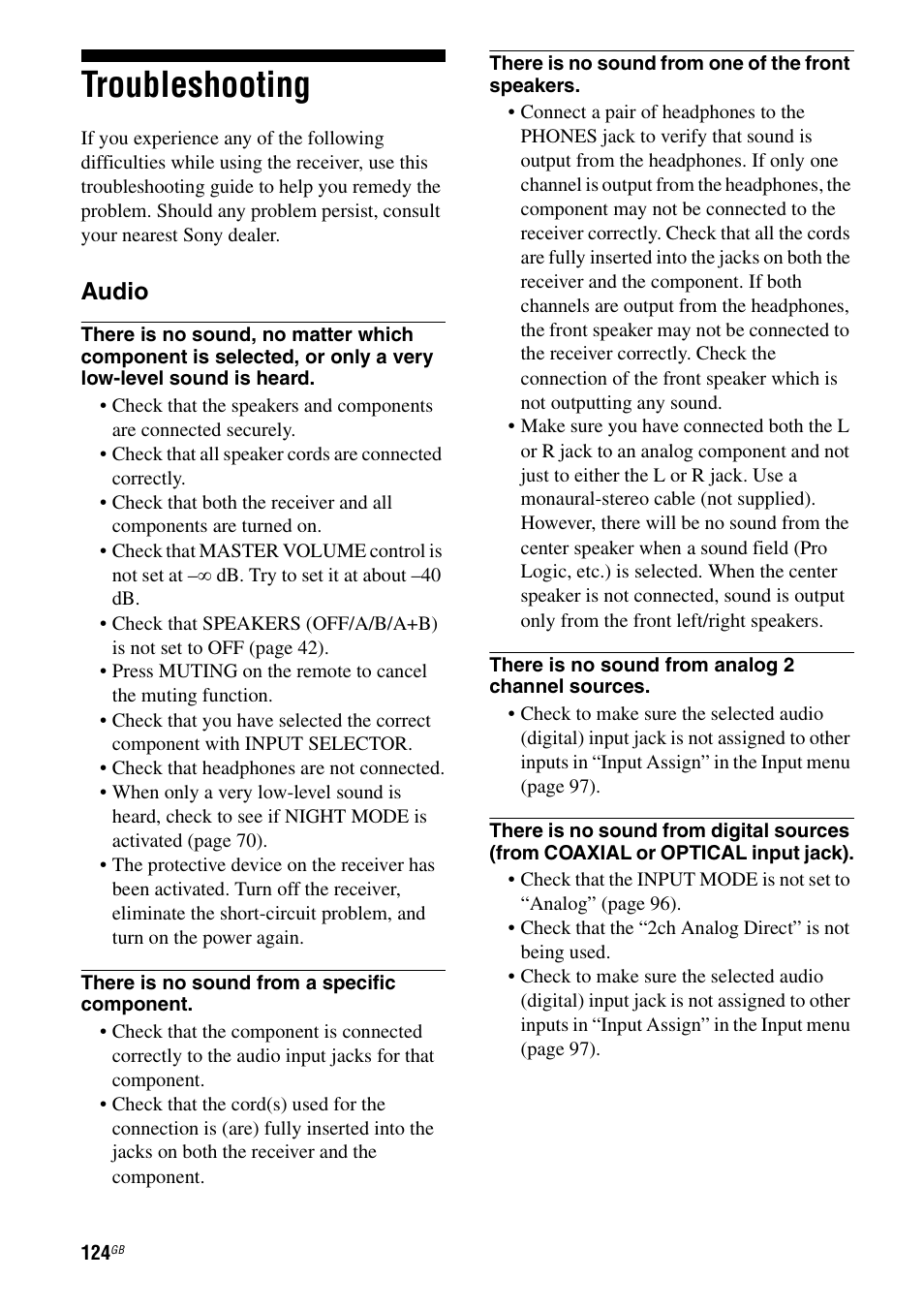 Troubleshooting, Audio | Sony STR-DG2100 User Manual | Page 124 / 134