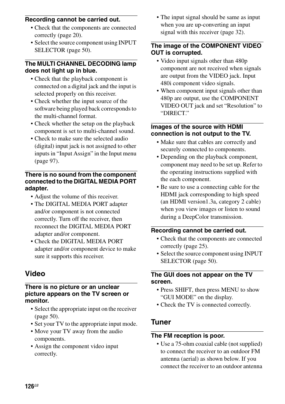 Video, Tuner | Sony STR-DG2100 User Manual | Page 126 / 134