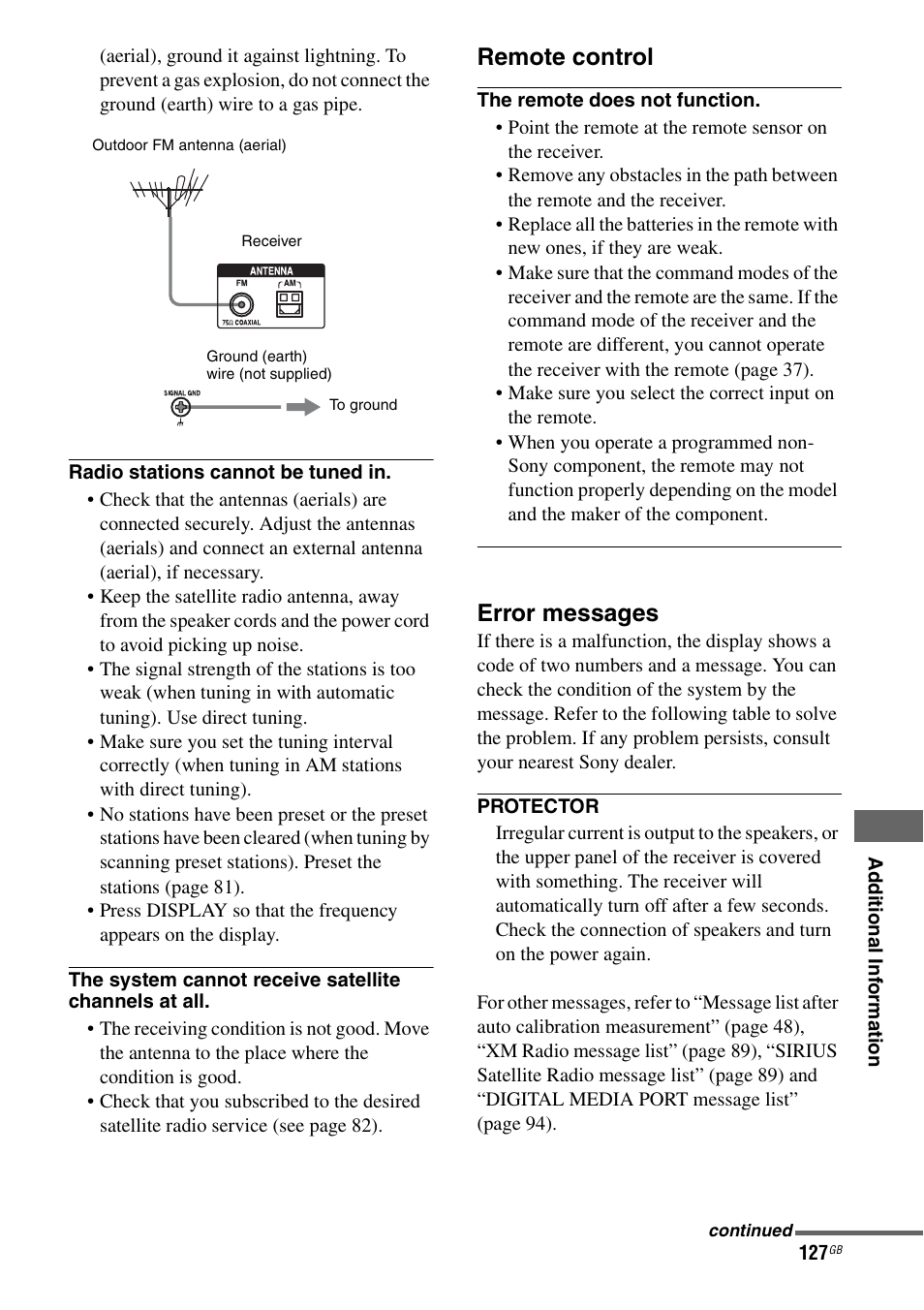 Remote control, Error messages | Sony STR-DG2100 User Manual | Page 127 / 134